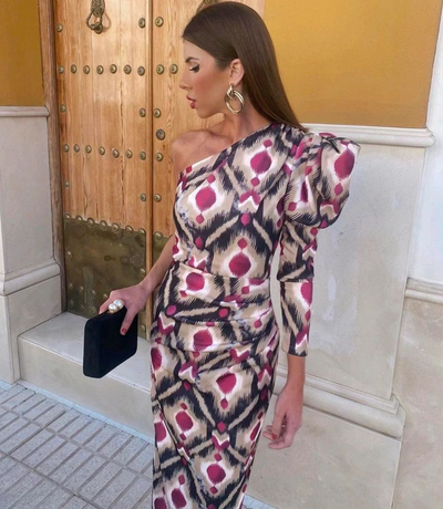 Yllana™ | Abito Midi Lilla con Spalla Unica e Maniche a Palloncino