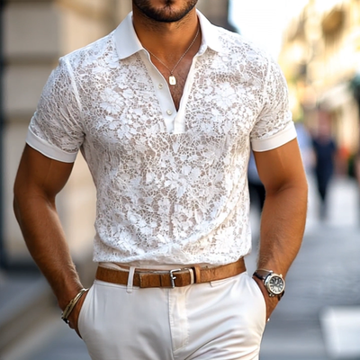 Polo Casual da Uomo con Collo in Pizzo e Maniche Corte