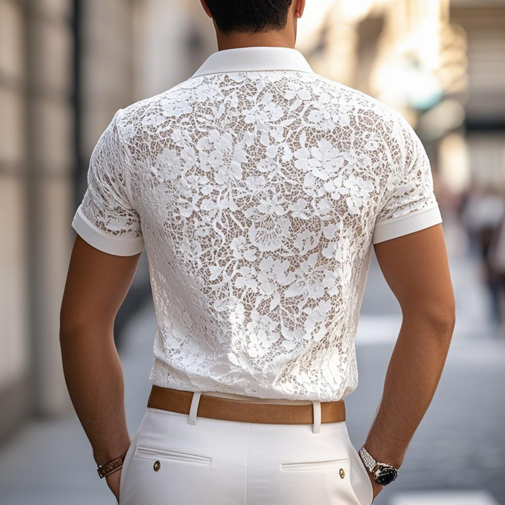 Polo Casual Uomo con Colletto in Pizzo e Maniche Corte