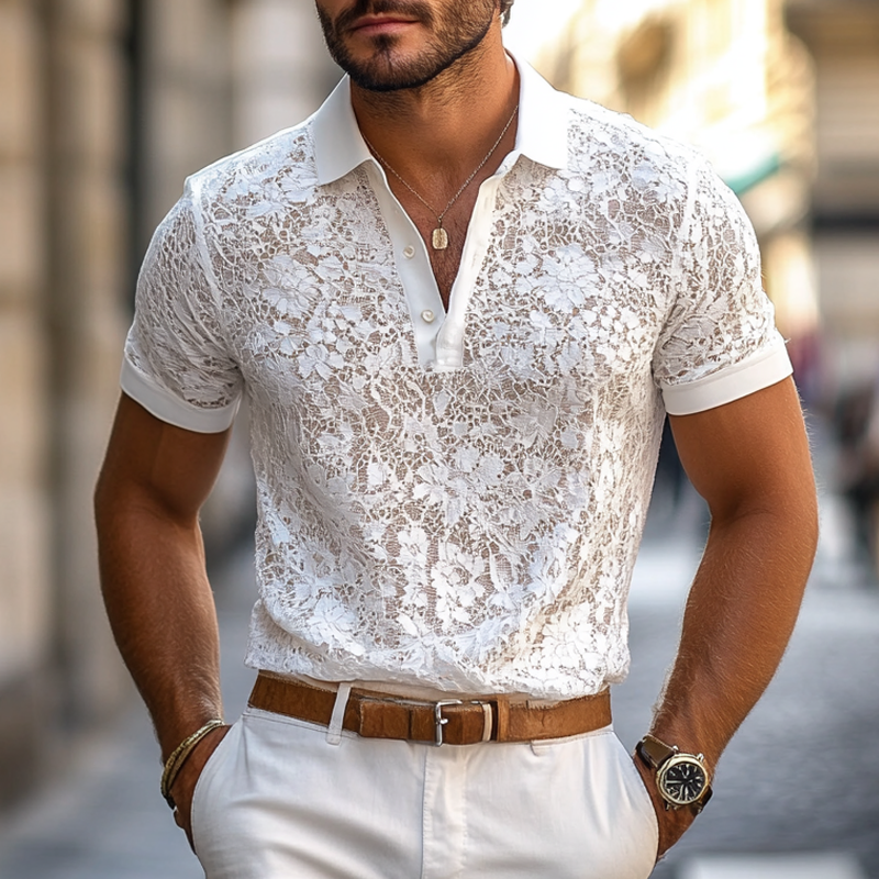Polo Casual da Uomo con Collo in Pizzo e Maniche Corte