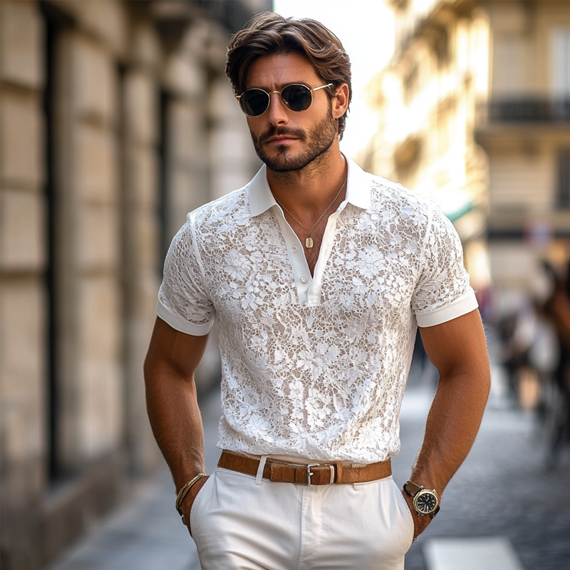Polo Casual Uomo con Colletto in Pizzo e Maniche Corte