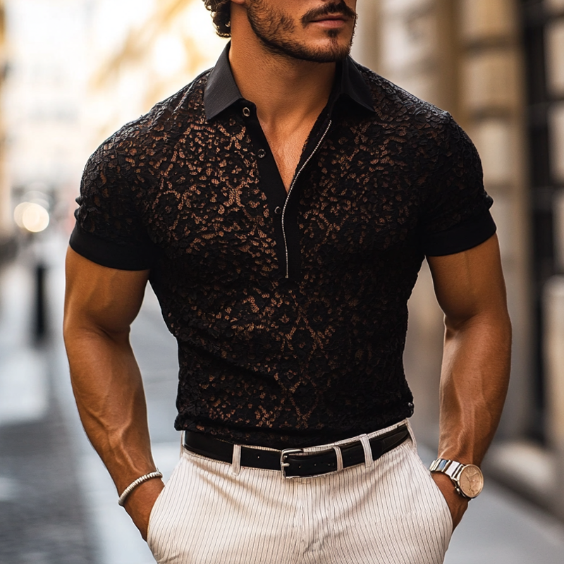Polo Casual Uomo con Colletto in Pizzo e Maniche Corte