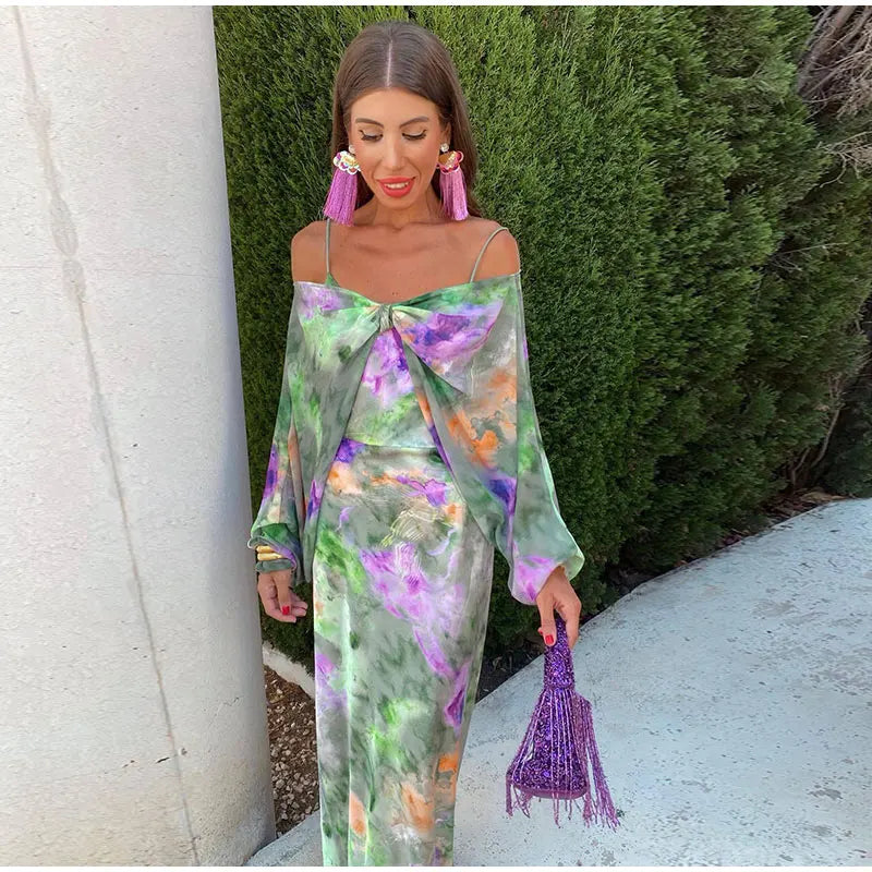 Anisten™ | Elegante Maxi Abito con Stampa Halo-Dye e Scialle Staccabile