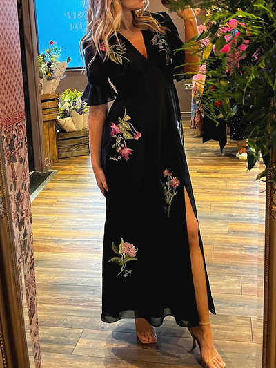 Abito Elegante con Fiori Blu Navy