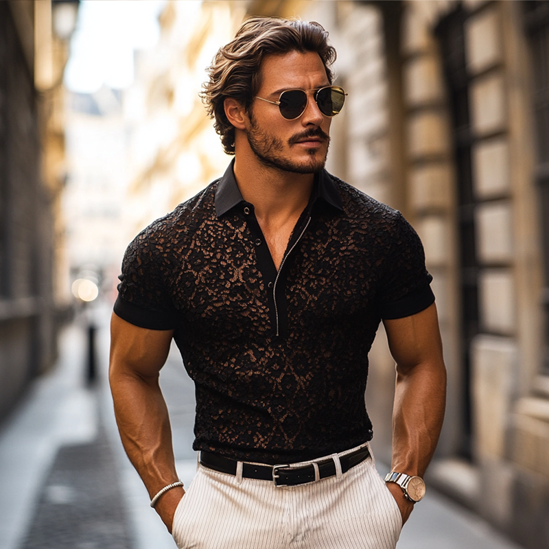 Polo Casual Uomo con Colletto in Pizzo e Maniche Corte