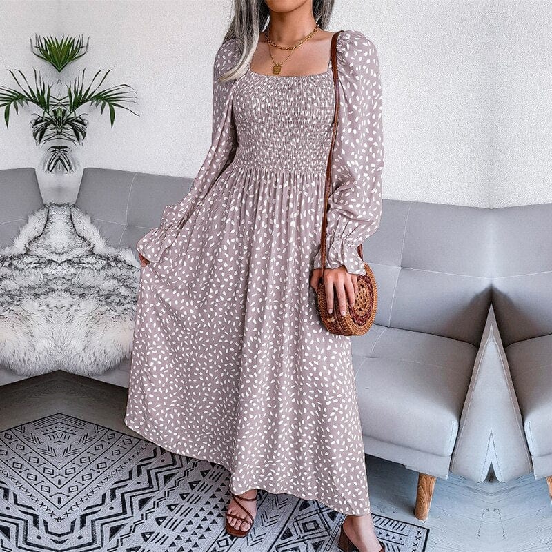 Lotte™ | Elegante Maxi Abito Beige a Maniche Lunghe
