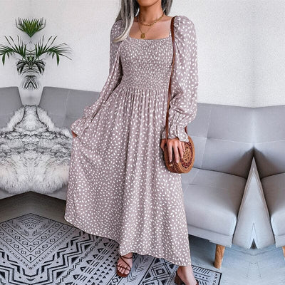 Lotte™ | Elegante Maxi Abito Beige a Maniche Lunghe