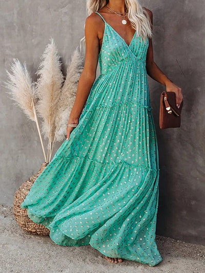 Evi™ | Maxi Abito Verde con Scollatura a V e Stampa Estiva Stile Ibiza