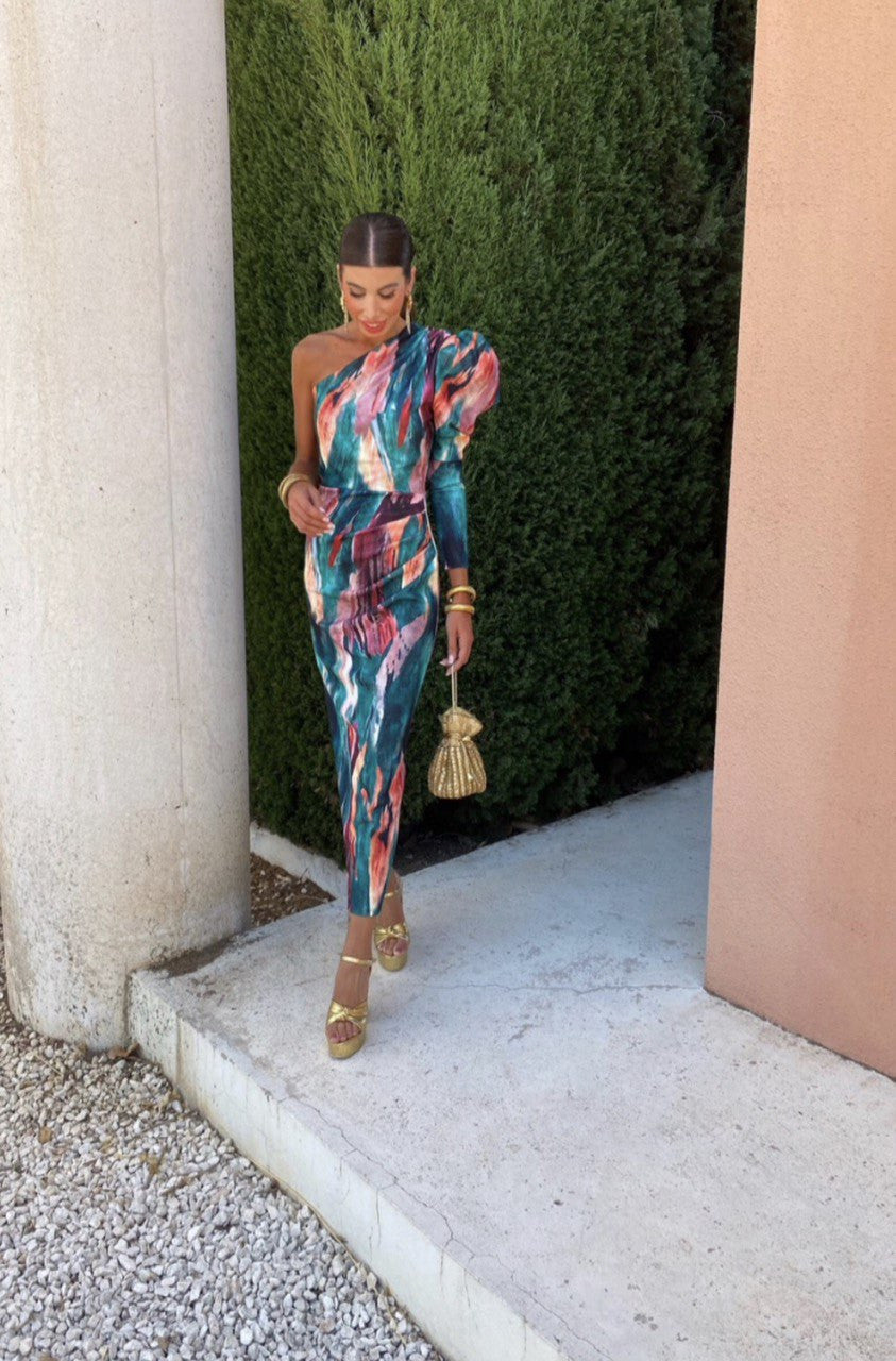 Yllana™ | Abito Midi Lilla con Spalla Unica e Maniche a Palloncino