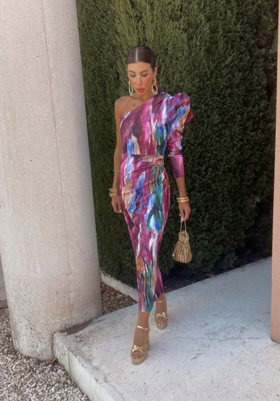 Yllana™ | Abito Midi Lilla con Spalla Unica e Maniche a Palloncino