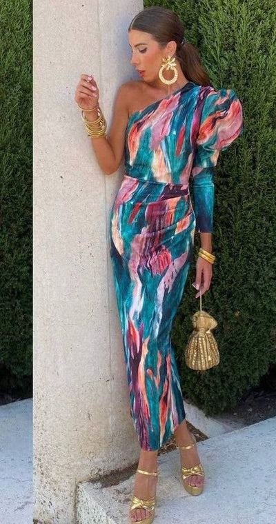 Yllana™ | Abito Midi Lilla con Spalla Unica e Maniche a Palloncino