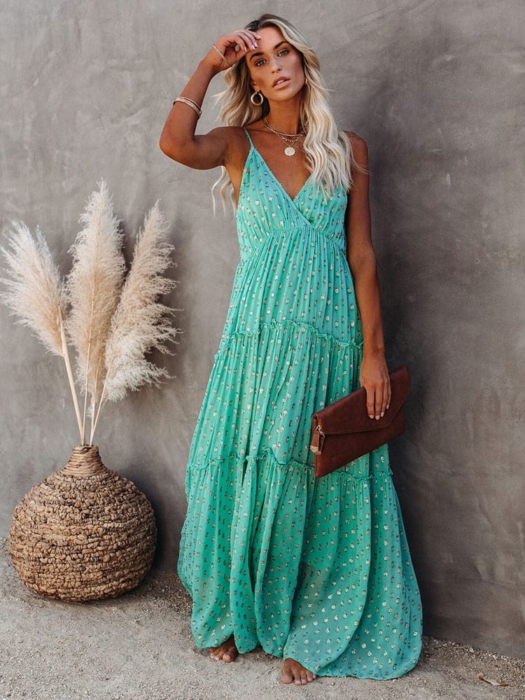 Evi™ | Maxi Abito Verde con Scollatura a V e Stampa Estiva Stile Ibiza