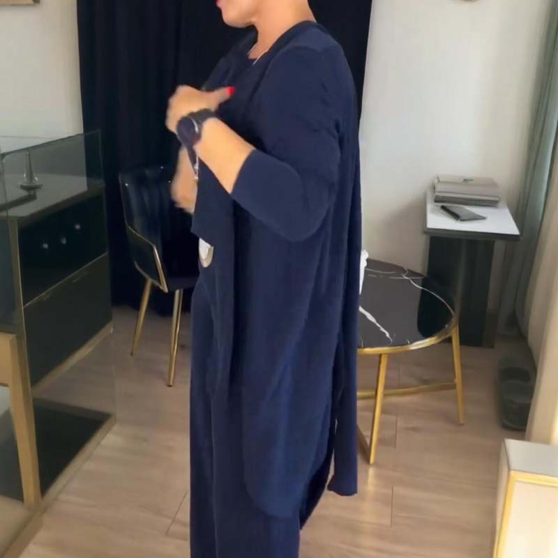 Set di 3 pezzi elegante composto da un cardigan lungo, una maglietta e pantaloni