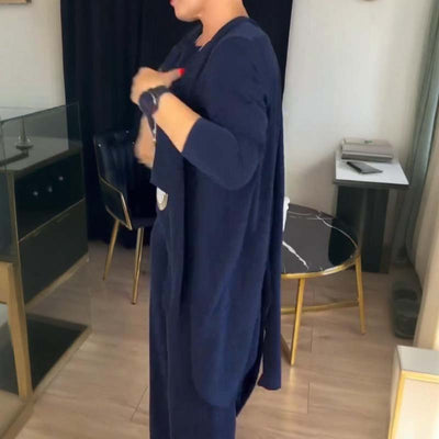 Set di 3 pezzi elegante composto da un cardigan lungo, una maglietta e pantaloni